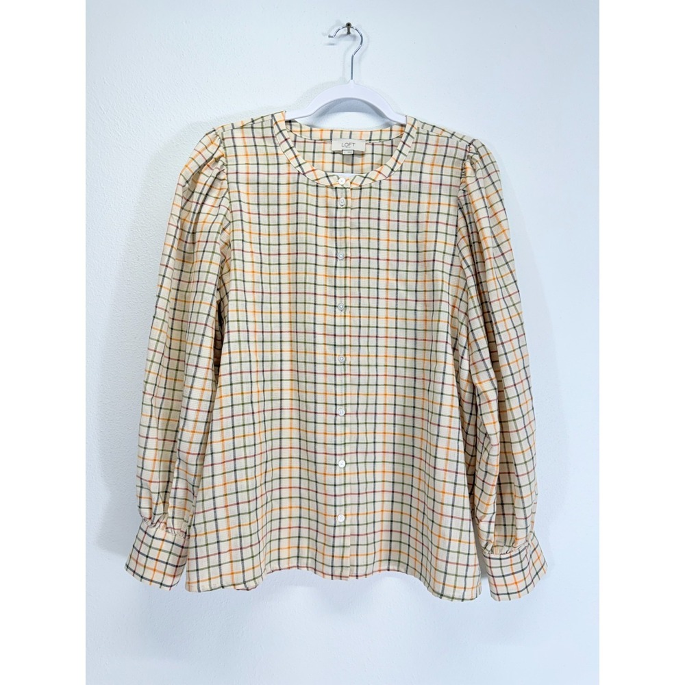 LOFT Grid Plaid Lightweight Puff Sleeve Button Down Blouse Cottagecore Top Sz L